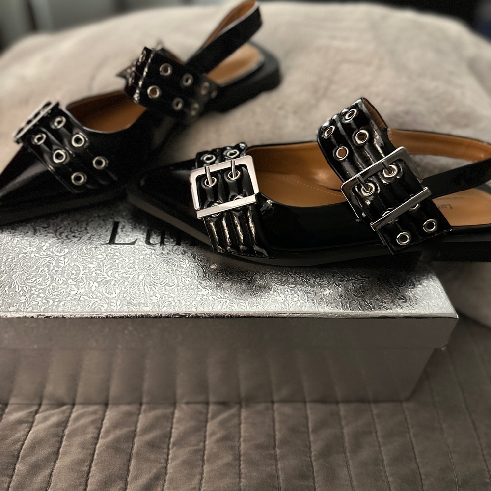 Amazon Black Patent Slingback Flats with Buckle Detail